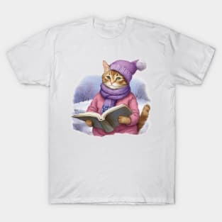 Adorable Cute Cat Read A Book wearing a  purple hat and scarf T-Shirt